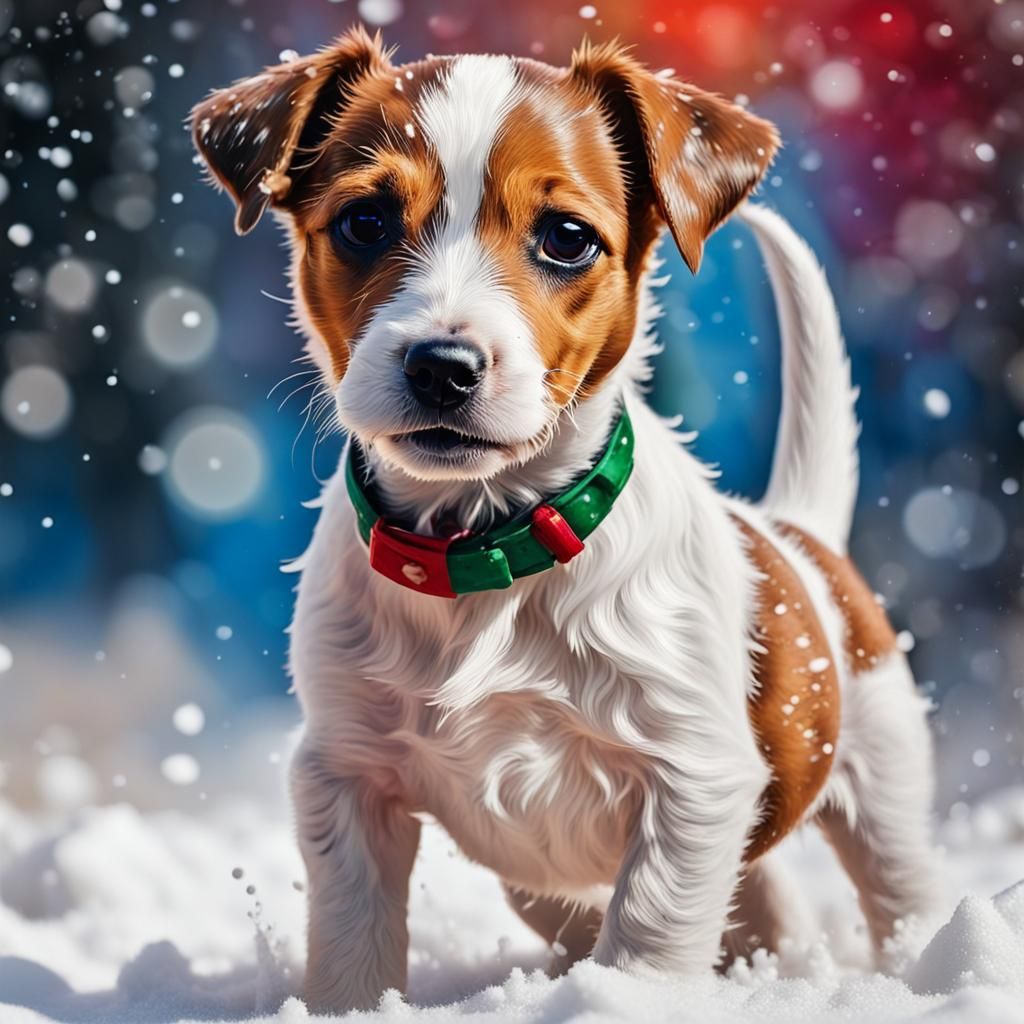 Festive Jack Russell Puppy in Colorful Christmas Scene