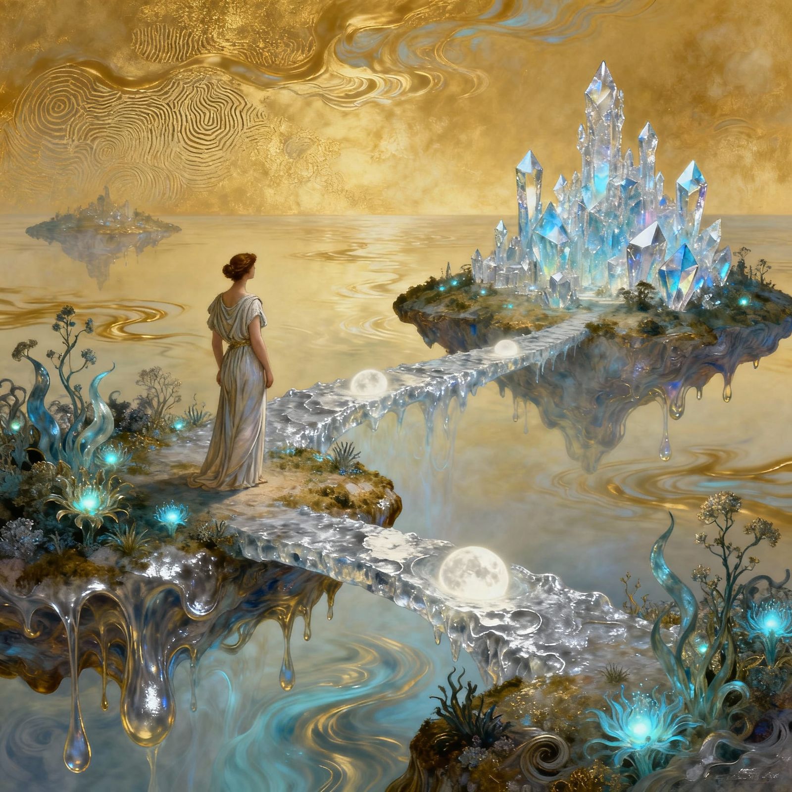 Surreal Floating Islands Under Golden Sky