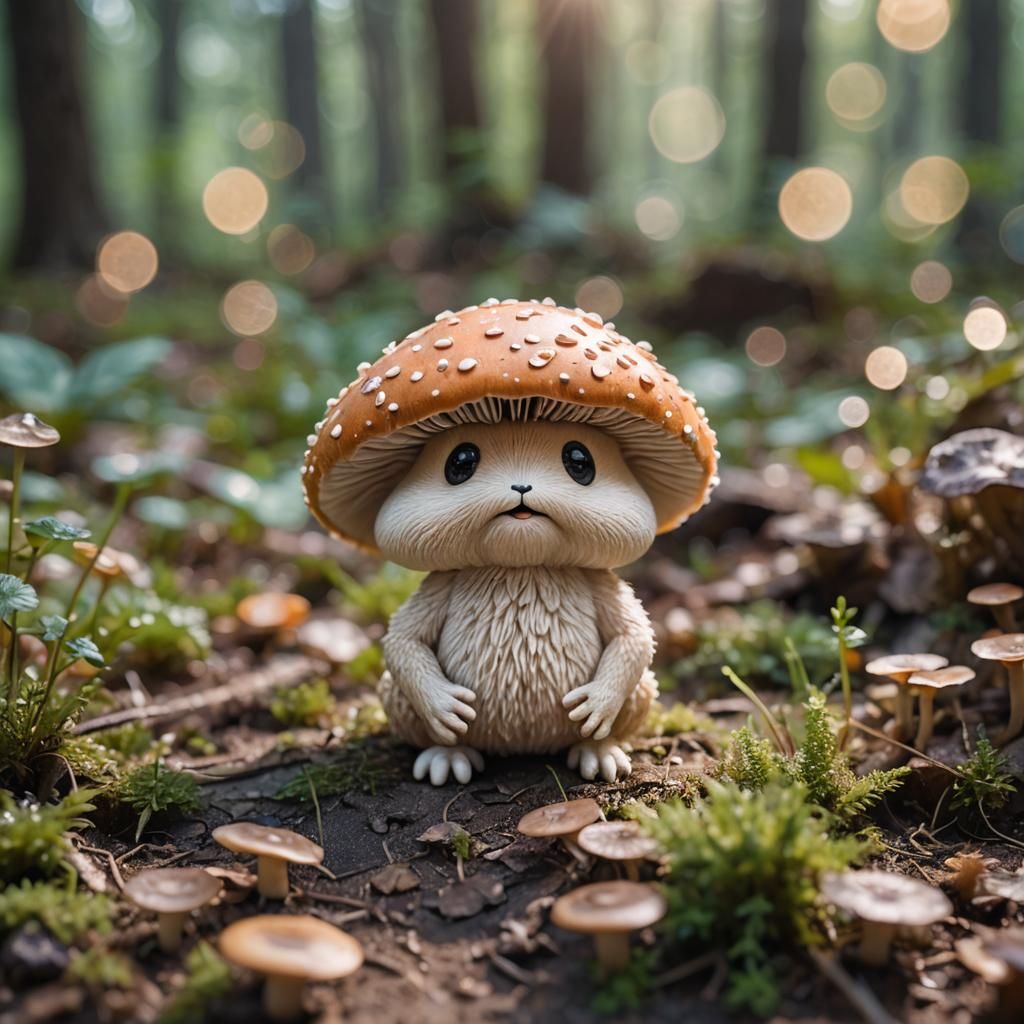 Kawaii Mushroom Devourer in Whimsical Forest Setting