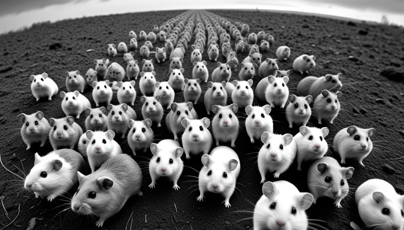 Spooky Grayscale Hamster Stampede in Wide Angle