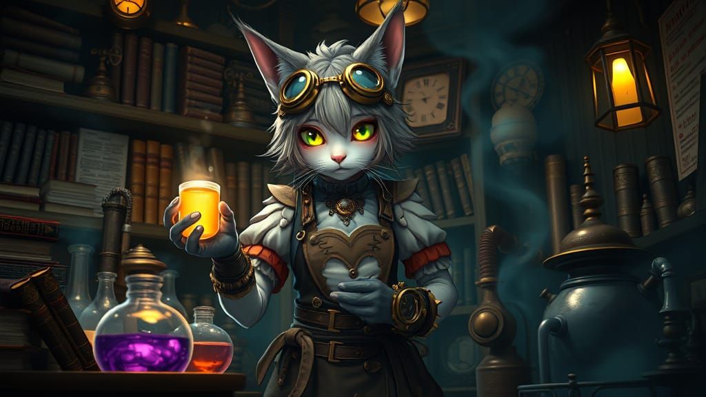 Steampunk Catgirl Alchemist in Mystical Laboratory