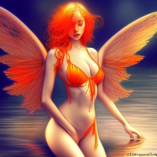 Winged Spirit in Orange Bikini: Ethereal Digital Art