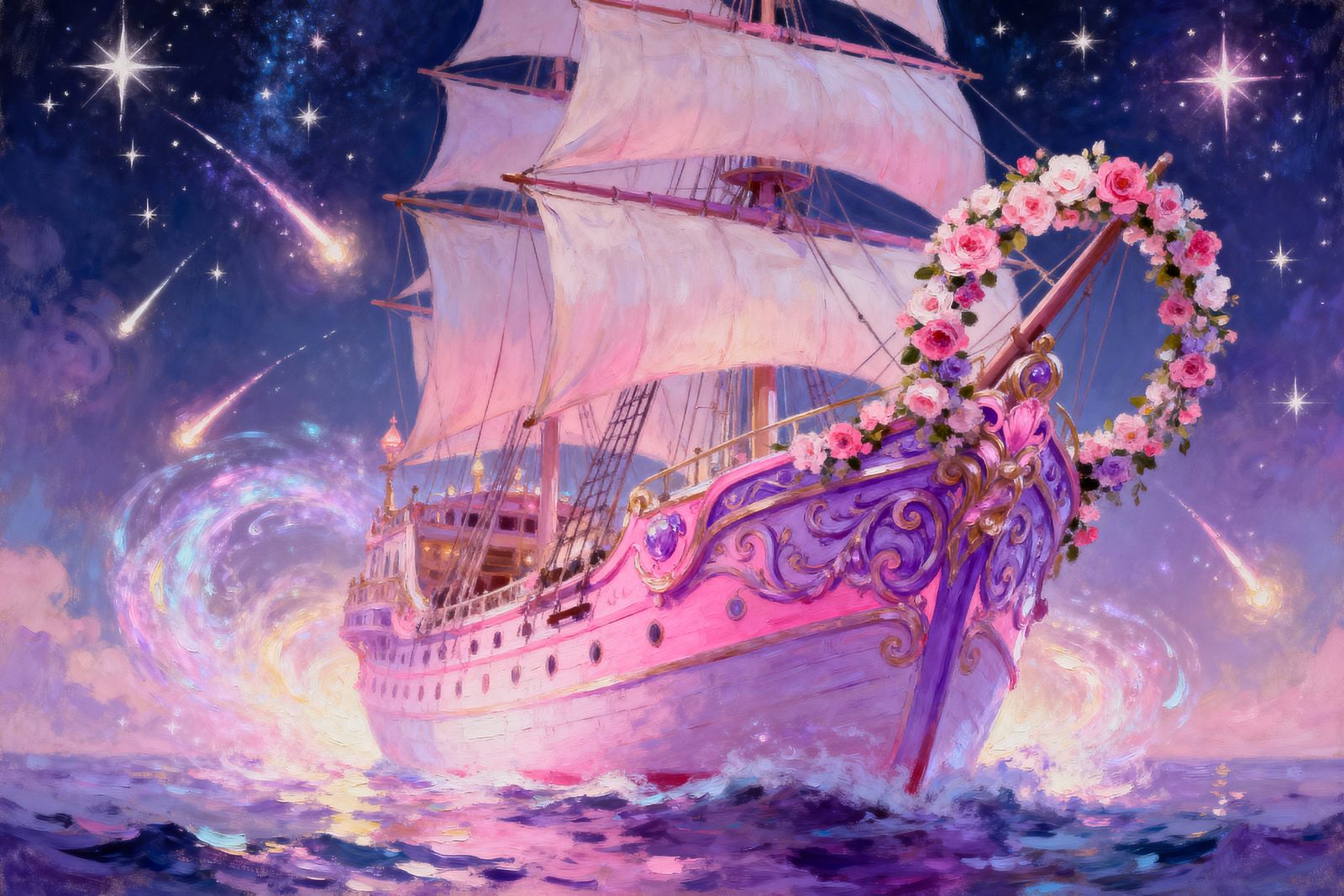 Majestic Princess Ship in Starry Night Oil Painting