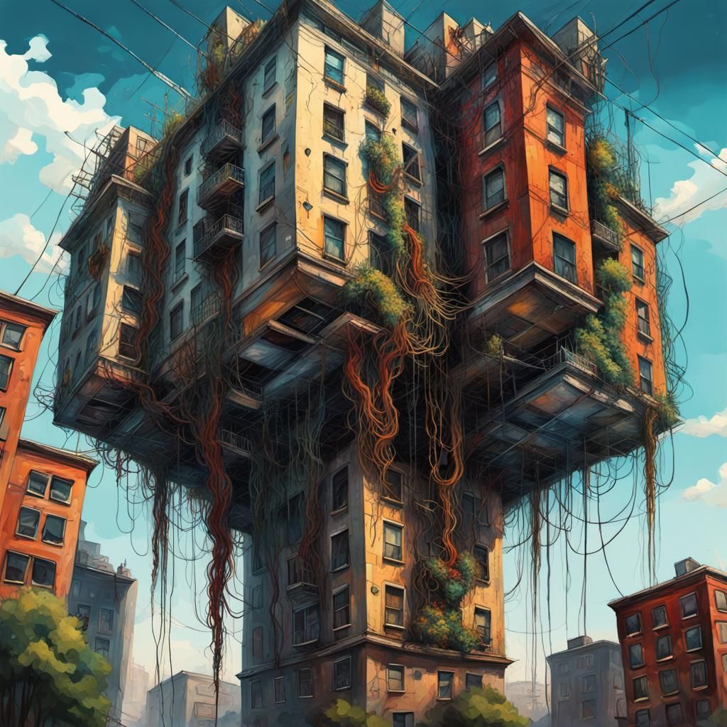 Surreal Upside-Down City in Impressionistic Style