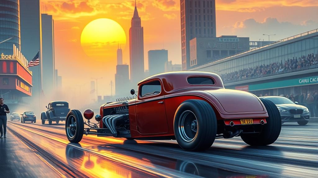 1930s Hot Rod in Mystical Cityscape at Sunset