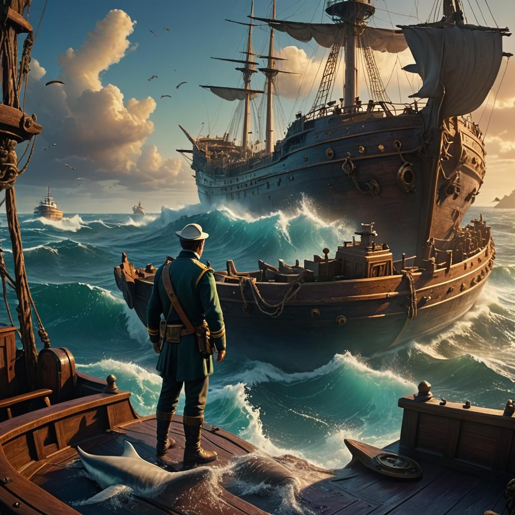 Ship Captain and Sharks on the Open Sea