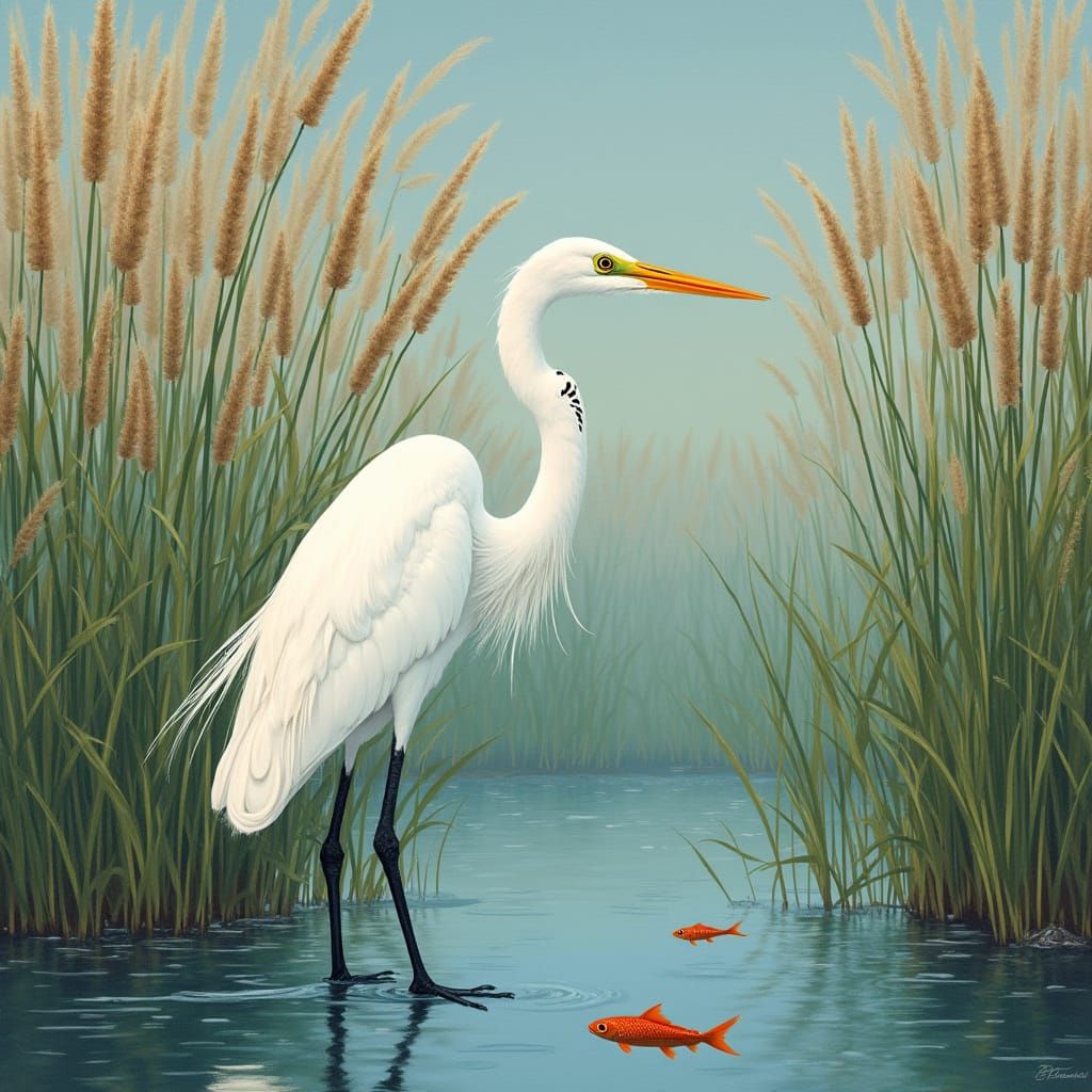 Elegant White Heron by Lake Shore