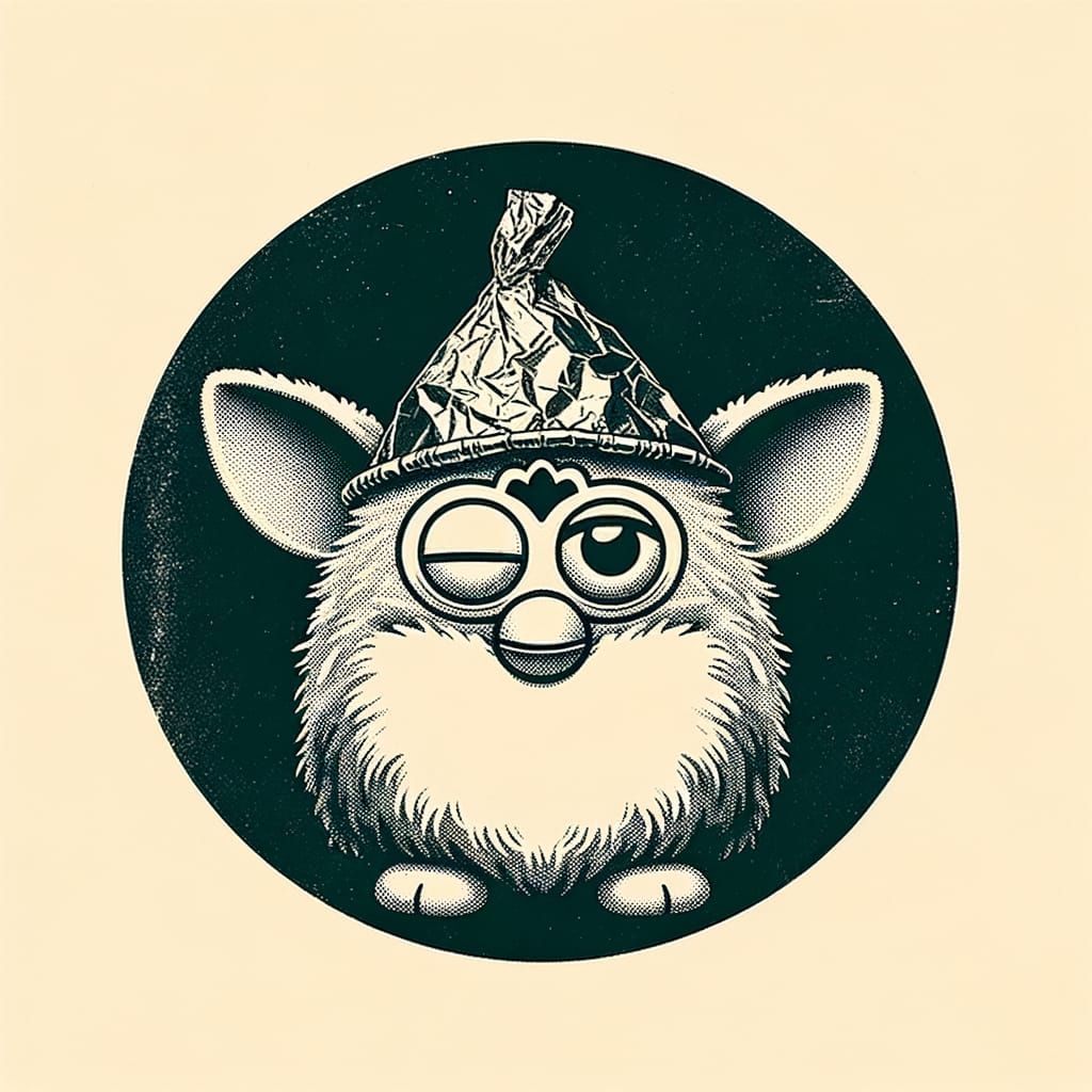Retrofuturistic Furby Winks in Monochromatic Line Art