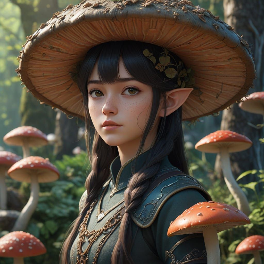 Whimsical Elf in Vibrant Mushroom Field Among Ancient Stonew...