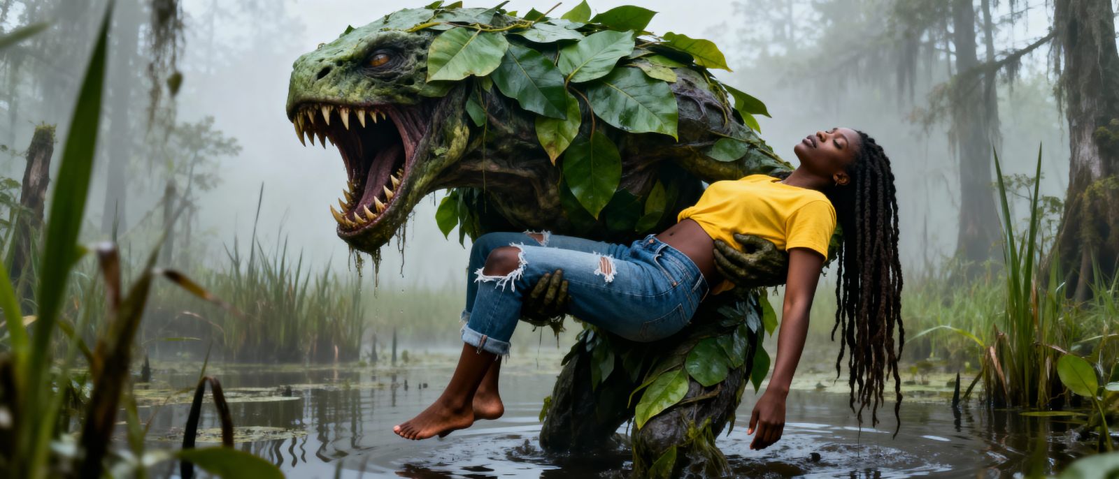 Leafy Swamp Creature Abducts Woman in Misty Bog