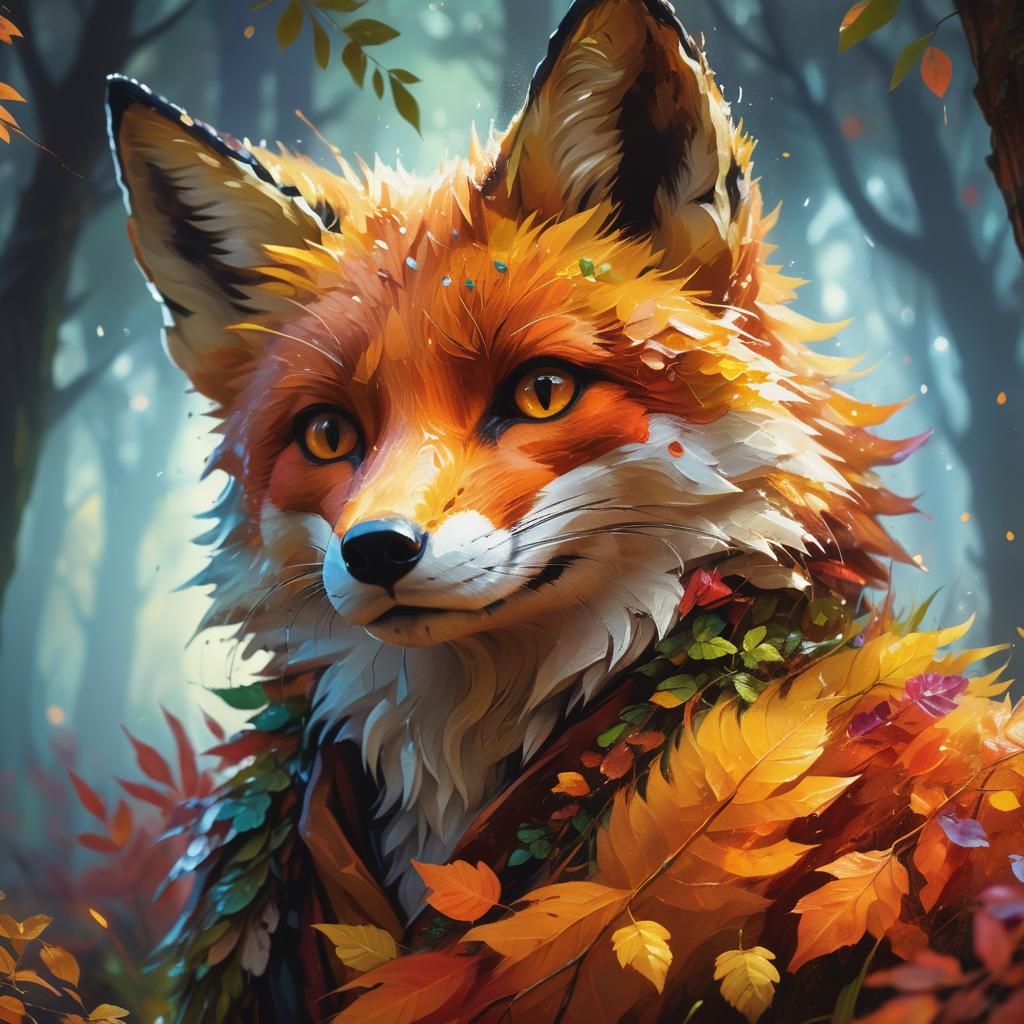 Vibrant Fox in Mystical Forest: Oil Painting