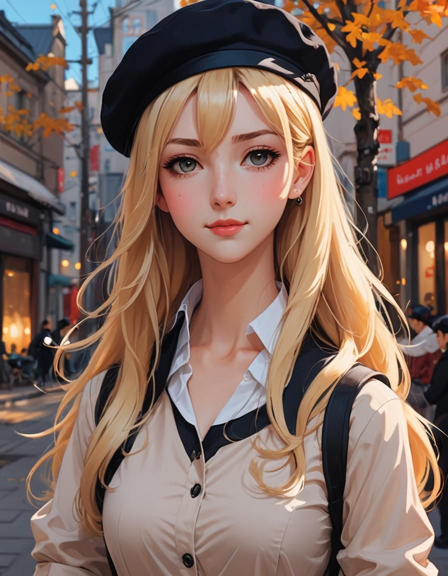 Blonde Woman in Beret, Anime Art