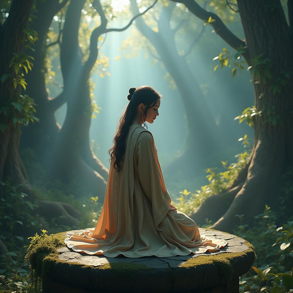 Mystical Forest Prayer in Ethereal Lighting