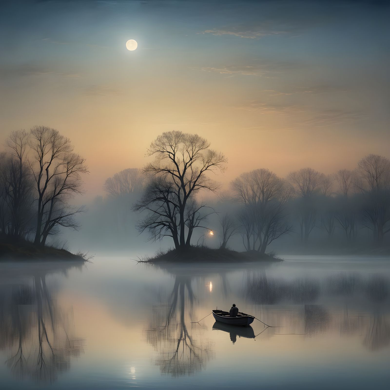 Ethereal Misty Lake Landscape in Romanticism Style