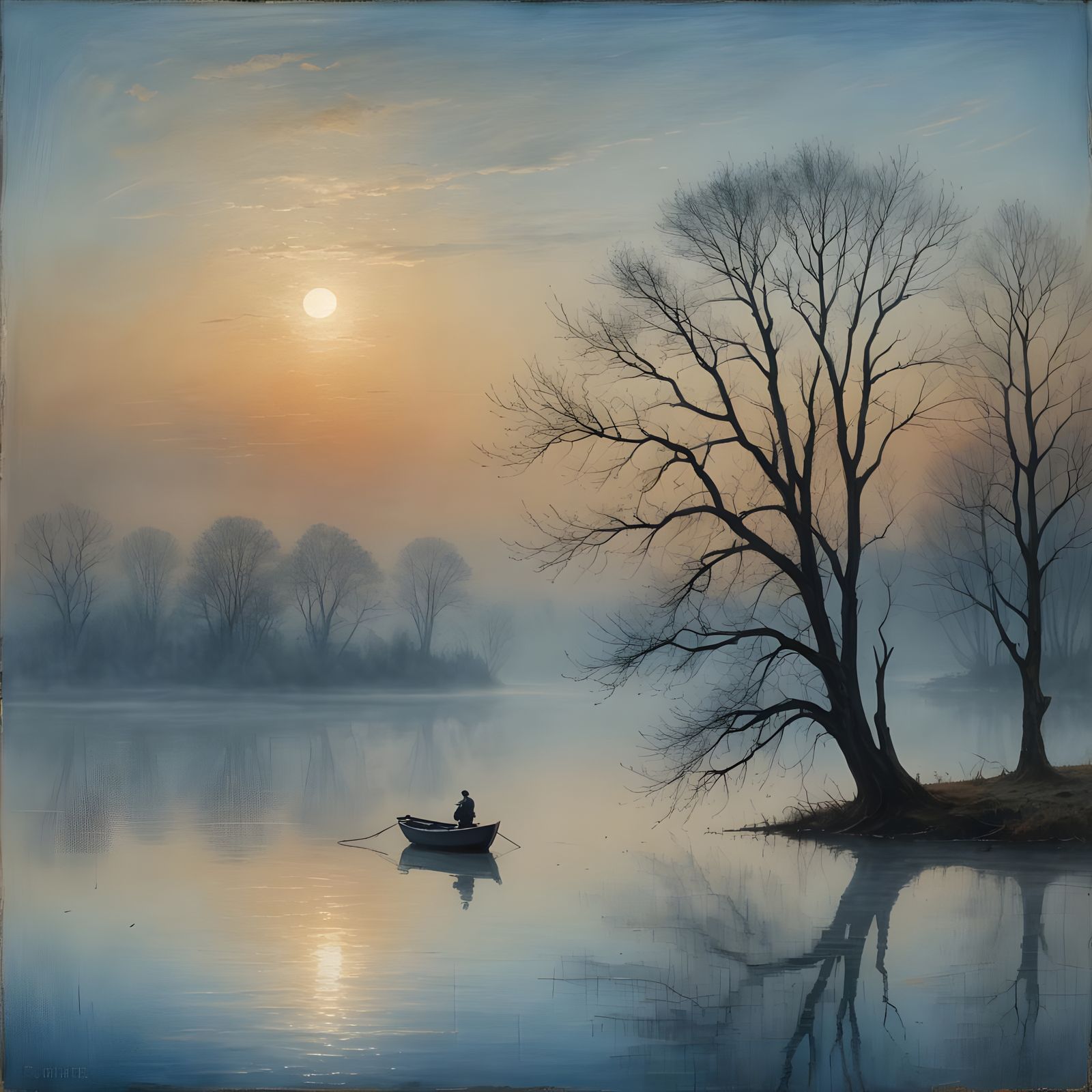 Ethereal Misty Lake Landscape in Romanticism Style