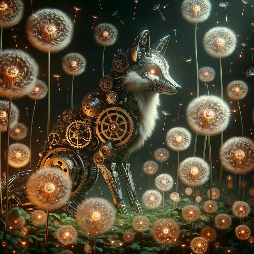 Steampunk Fox Amidst Digital Dandelions in Ethereal Luminesc...