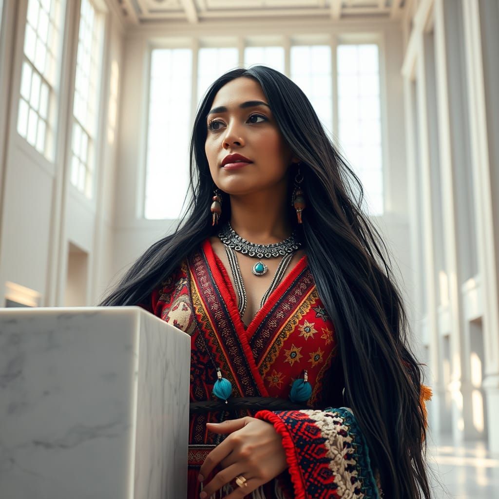 Elegant Native American Woman in Grand Museum Setting