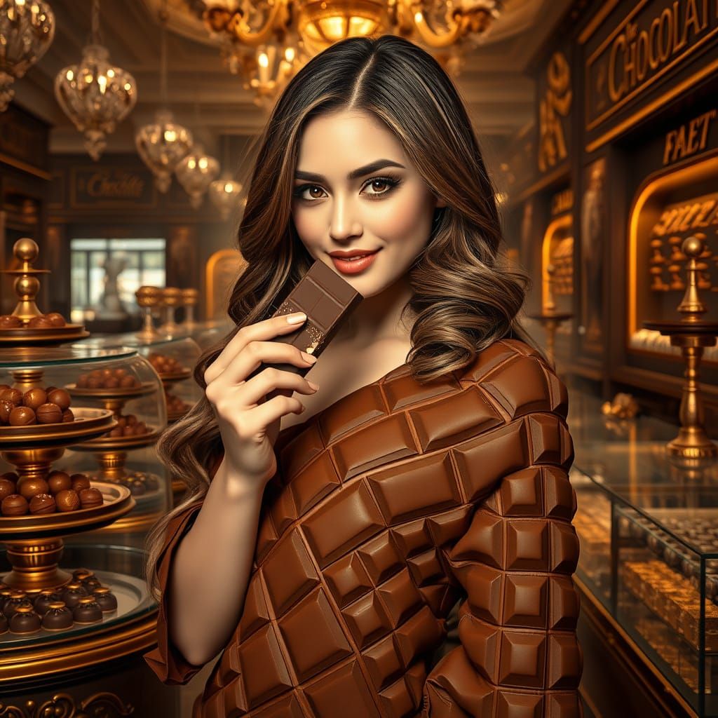 Decadent Chocolate Goddess in a Golden Chocolate Shop