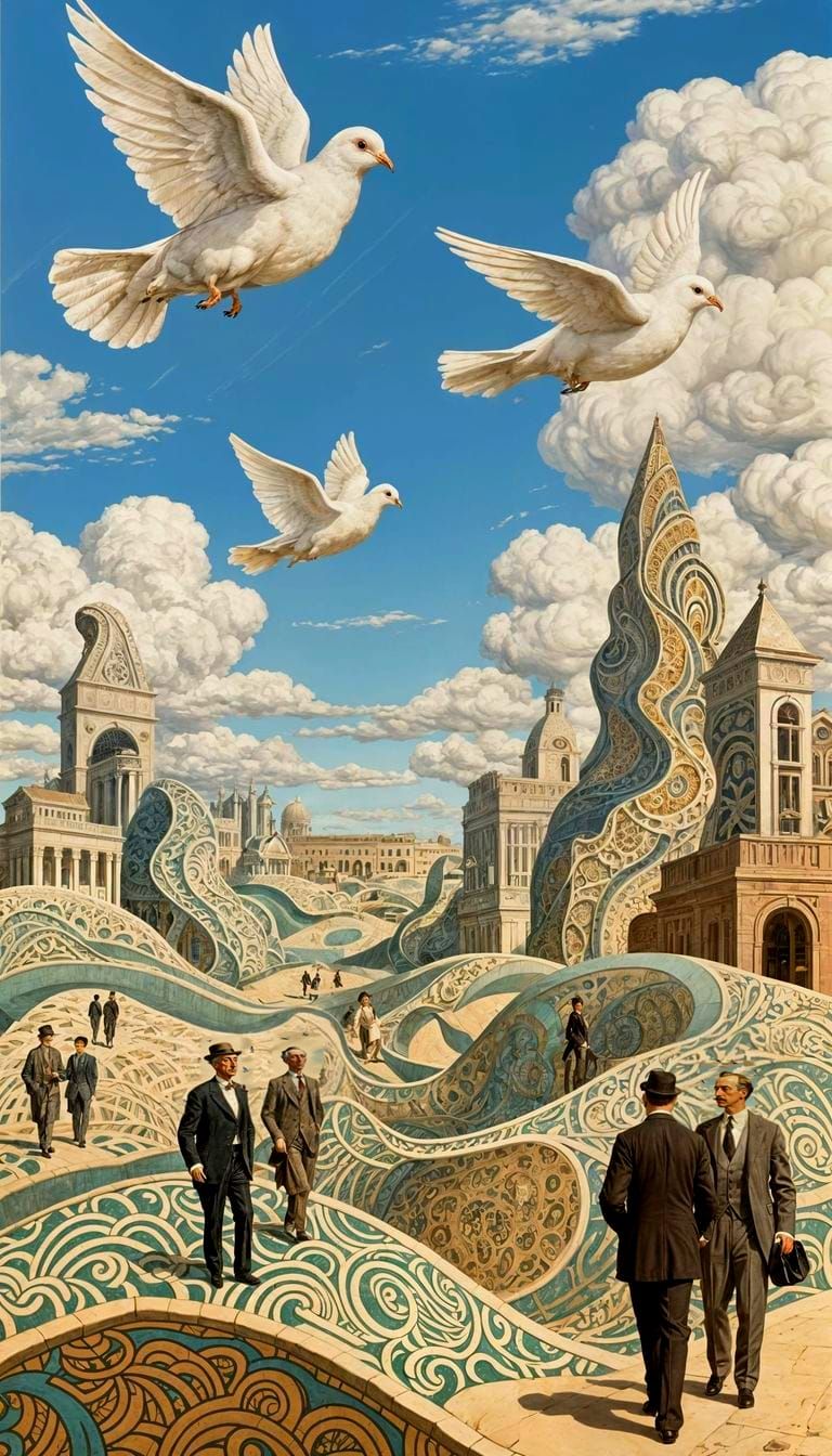 Doves Soar Over Zentangle Architecture in Photorealistic Sty...