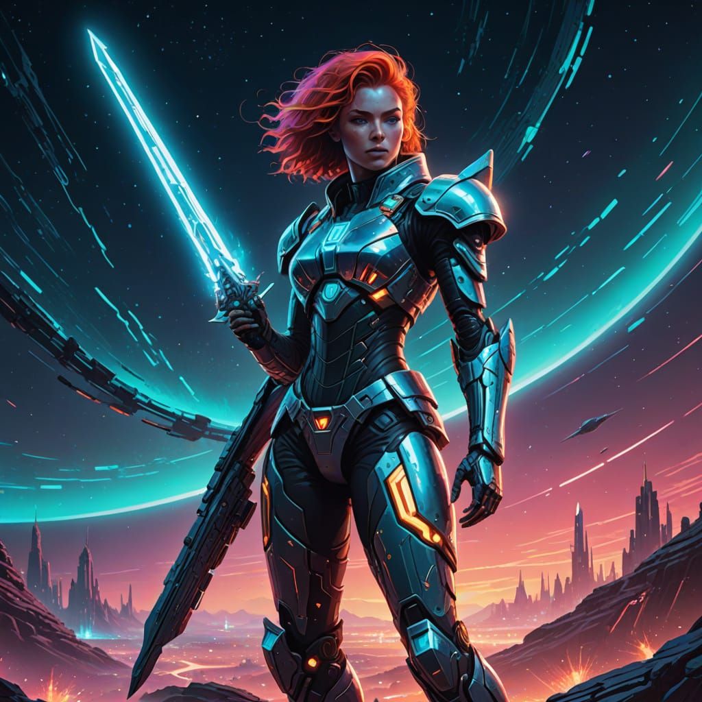 Cyber Warrior on Alien Planet in Neon Splatter Art