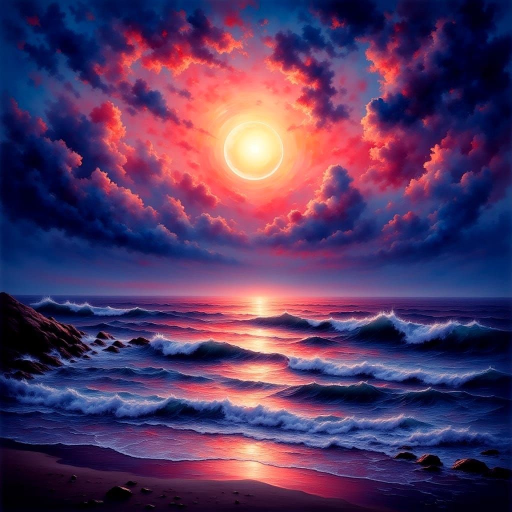 Moonlit Sunset Over Ocean Waves