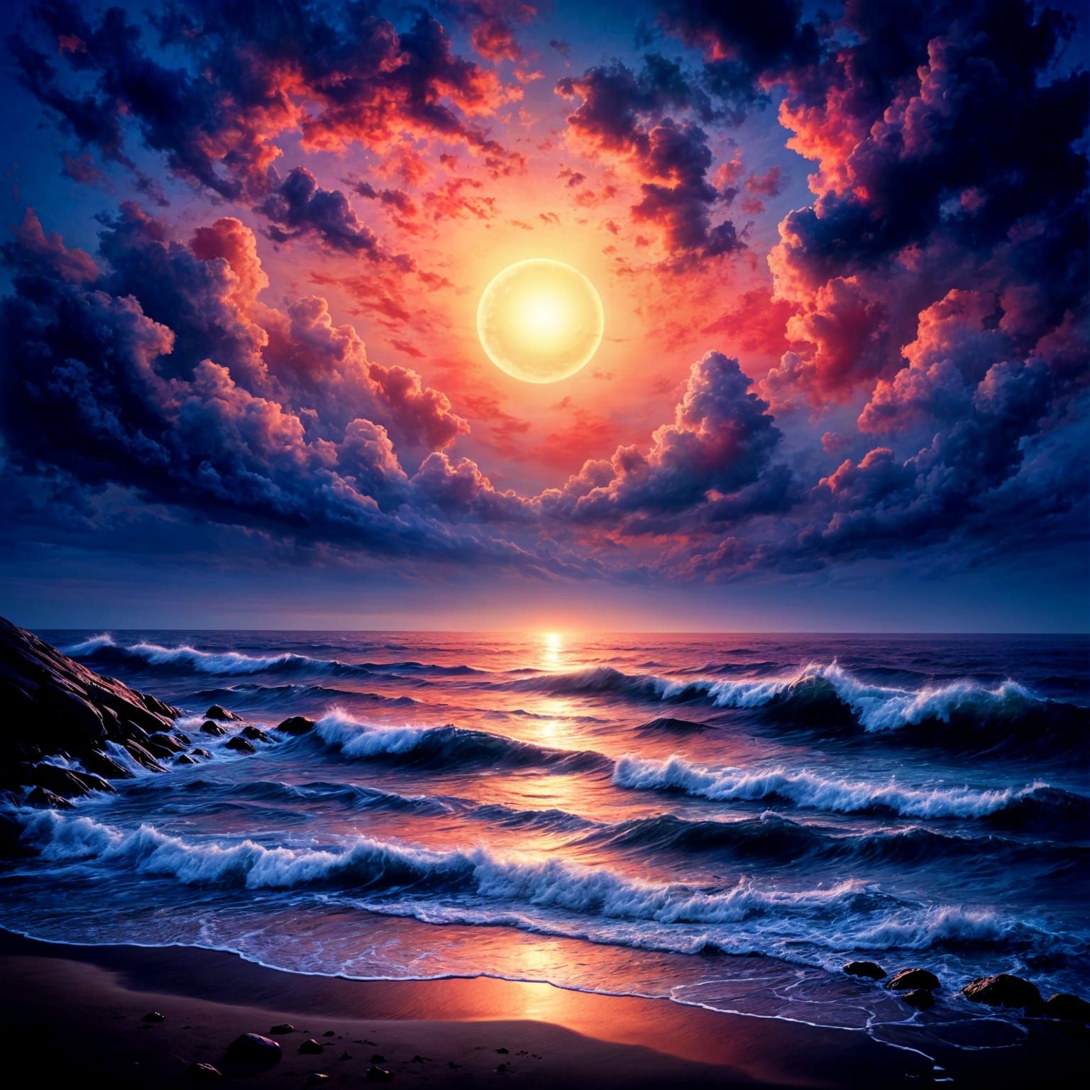 Moonlit Sunset Over Ocean Waves