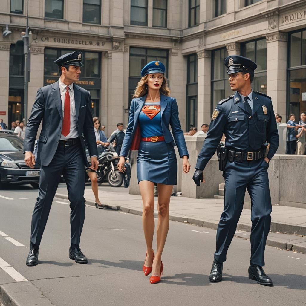 Two Policemen are surprised to see Superwoman in a tight min...