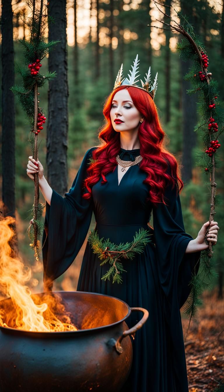 Mysterious Woman with Holly Cauldron in Renaissance Style
