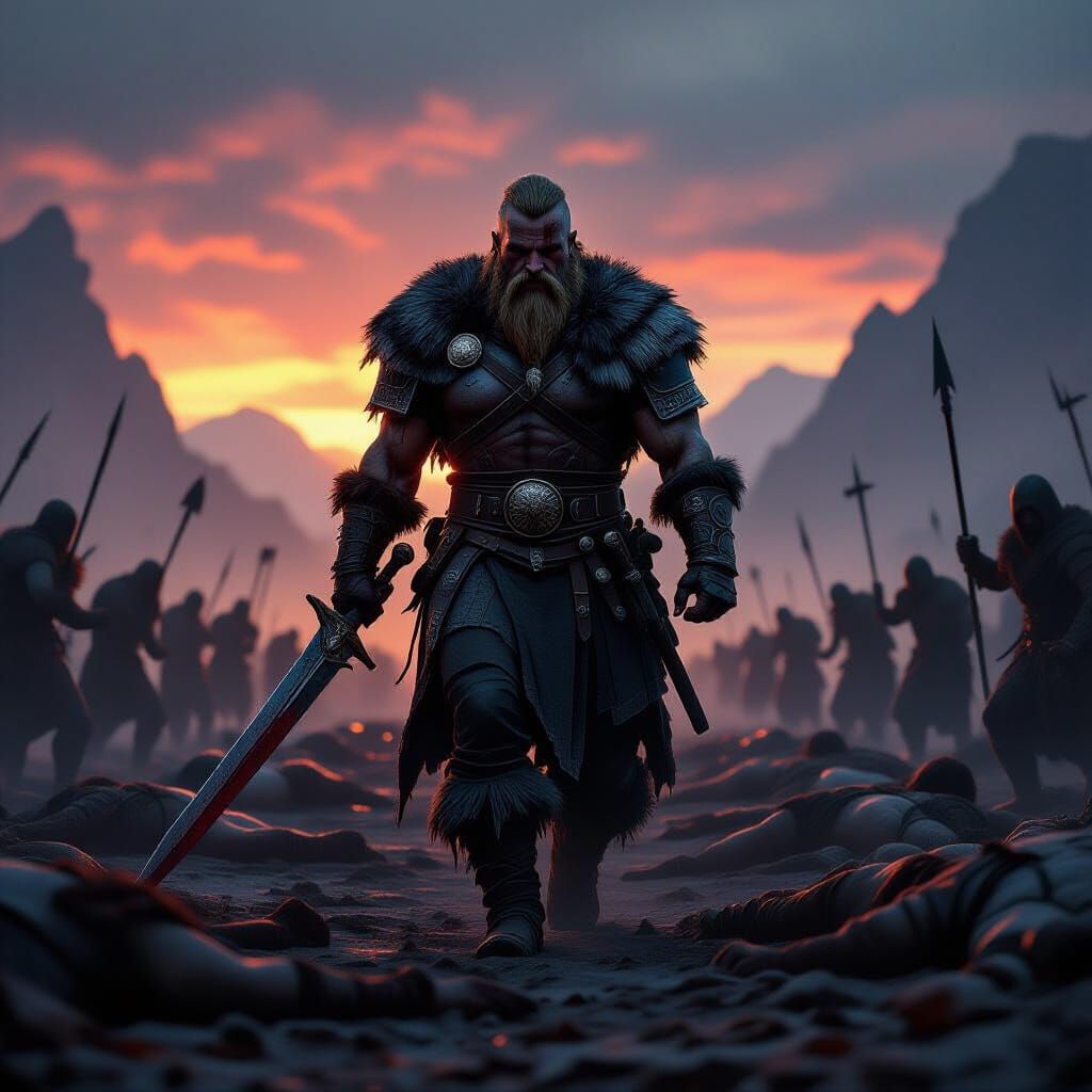 Viking Warrior on Dusk Battlefield in Dark Fantasy Style
