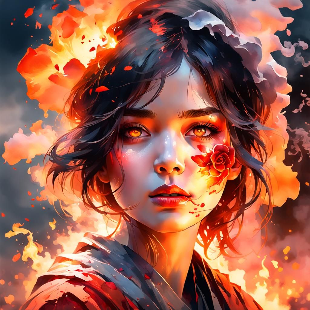 Fiery Rose: Watercolor Portrait in Art Deco Style