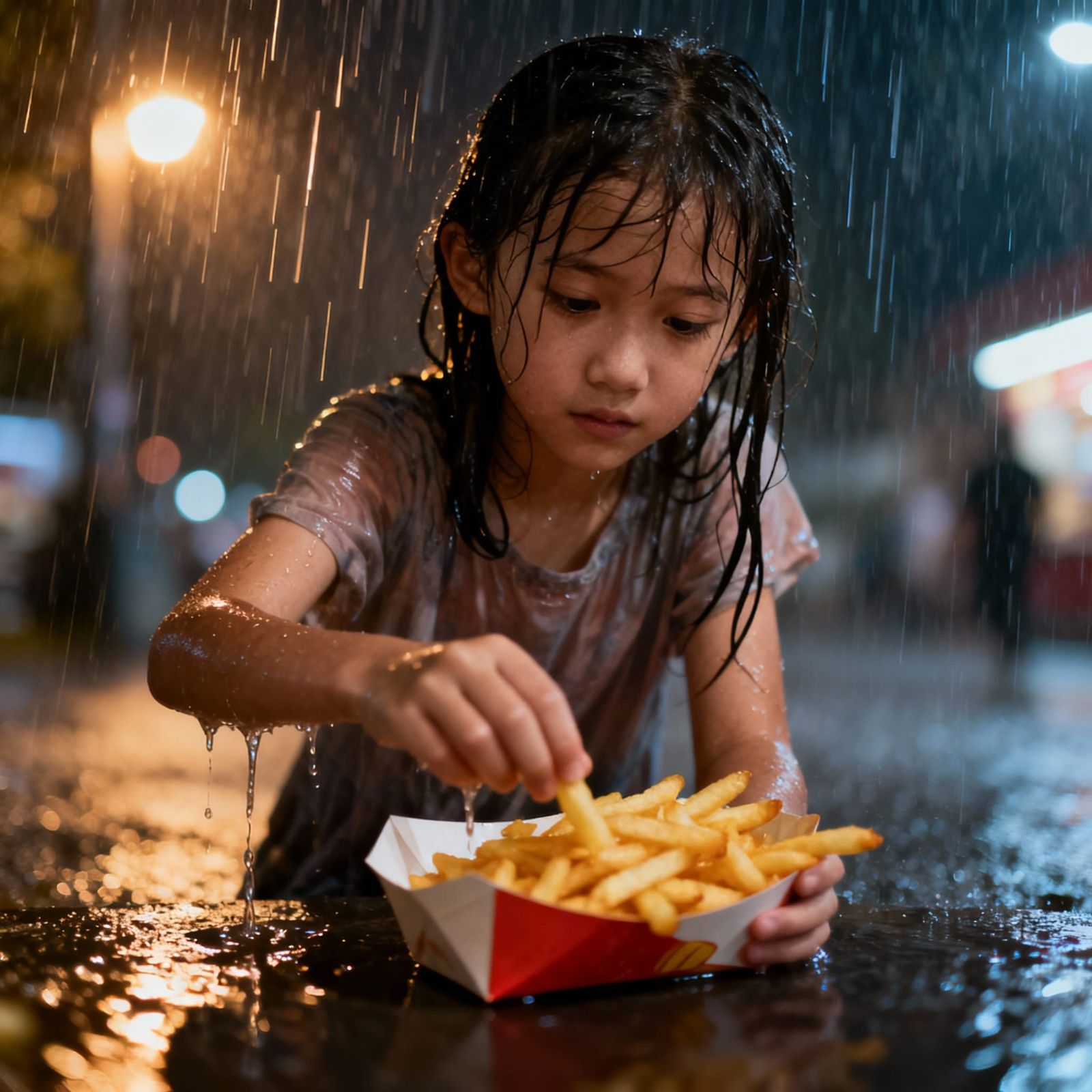 Girl Reaching for Fries in Dramatic Downpour