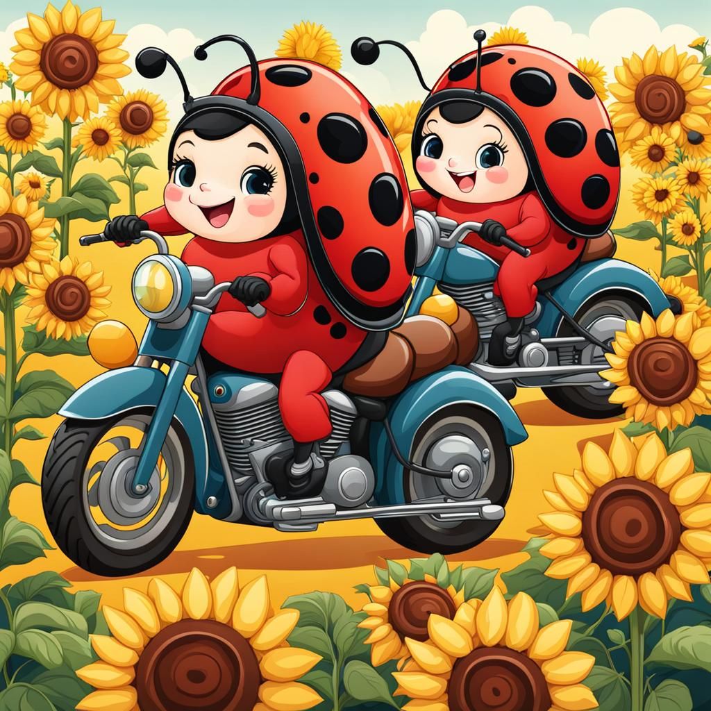 Ladybugs on Motorcycle Ride Through Sunflowers