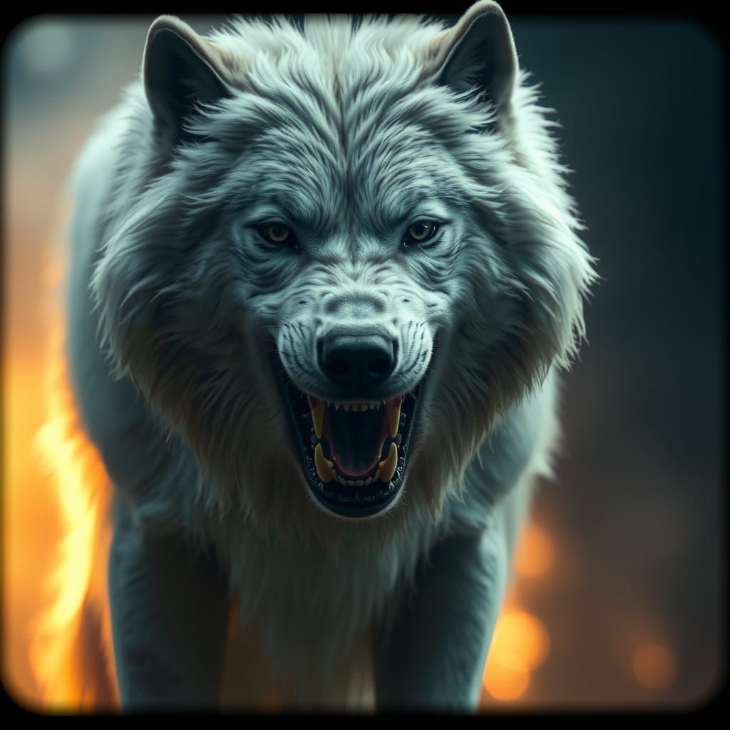 Majestic White Wolf with Bloodied Fangs in Cinematic Lightin...