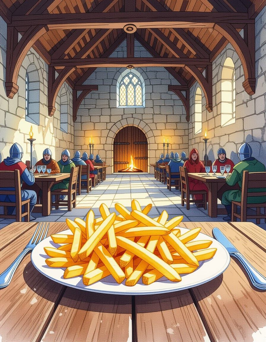 French Fries Time Travel: Watercolor Splash Art