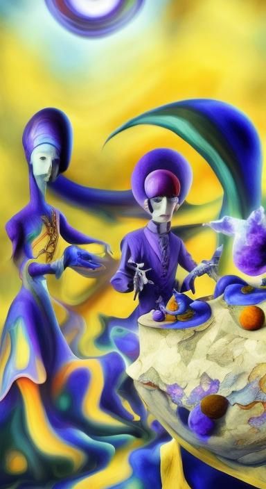 <lora:laugan anime V1:1.0> blue jester with psilocybe head living in tree roots in multicolored glass spheres, 3D fracta...