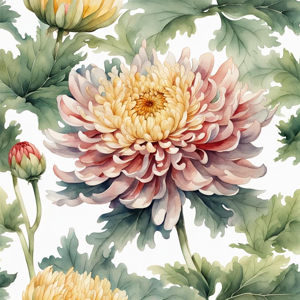 Chrysanthemum Flower in Detailed Chinese Watercolor Style