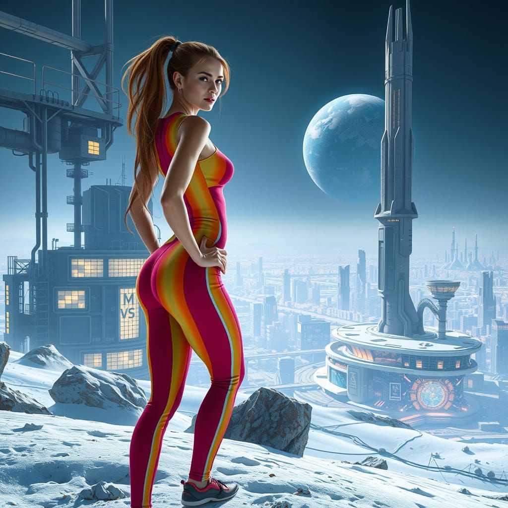 Futuristic Woman Stands Confidently on Snowy Ridge Overlooki...