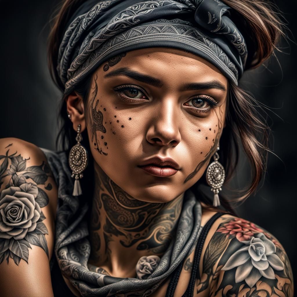 Chicana with Bandana and Tattoos in HDR