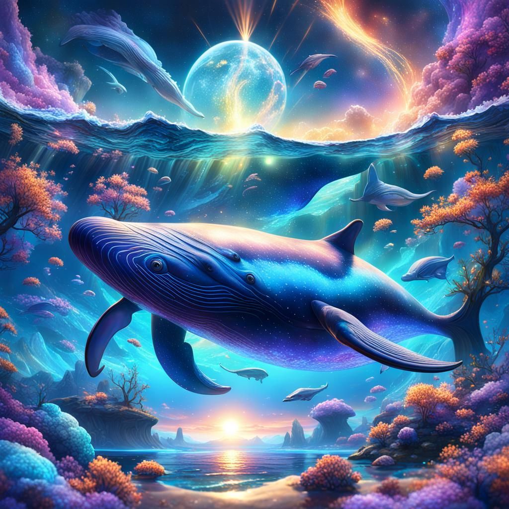 Iridescent Whale Swimming Among Galaxies and Nebulae