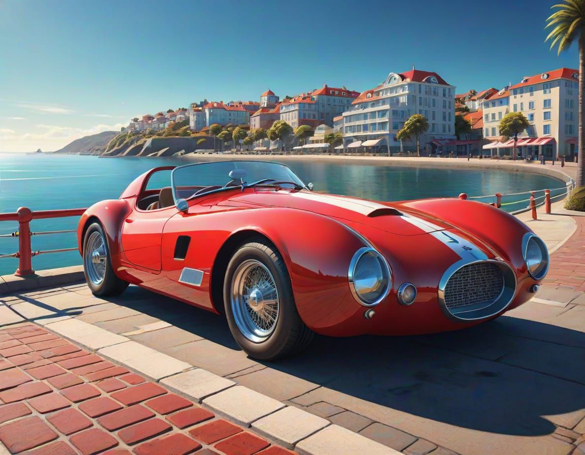 Vintage Sports Car with Futuristic Twist, Coastal Town in th...