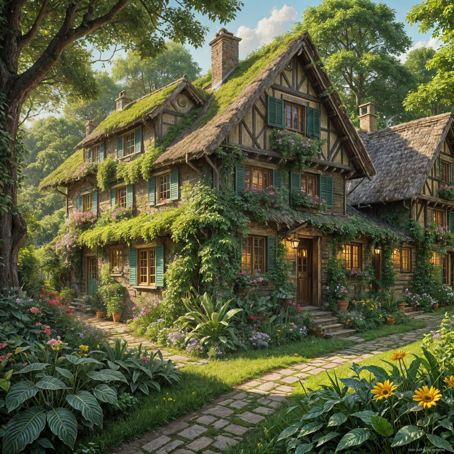 Romantic English Cottage in Forest: Hyperrealistic Oil Paint...