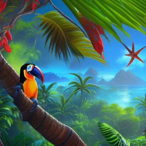 Madagascar, toucans, lemur, tropical paradise, detailed matt...