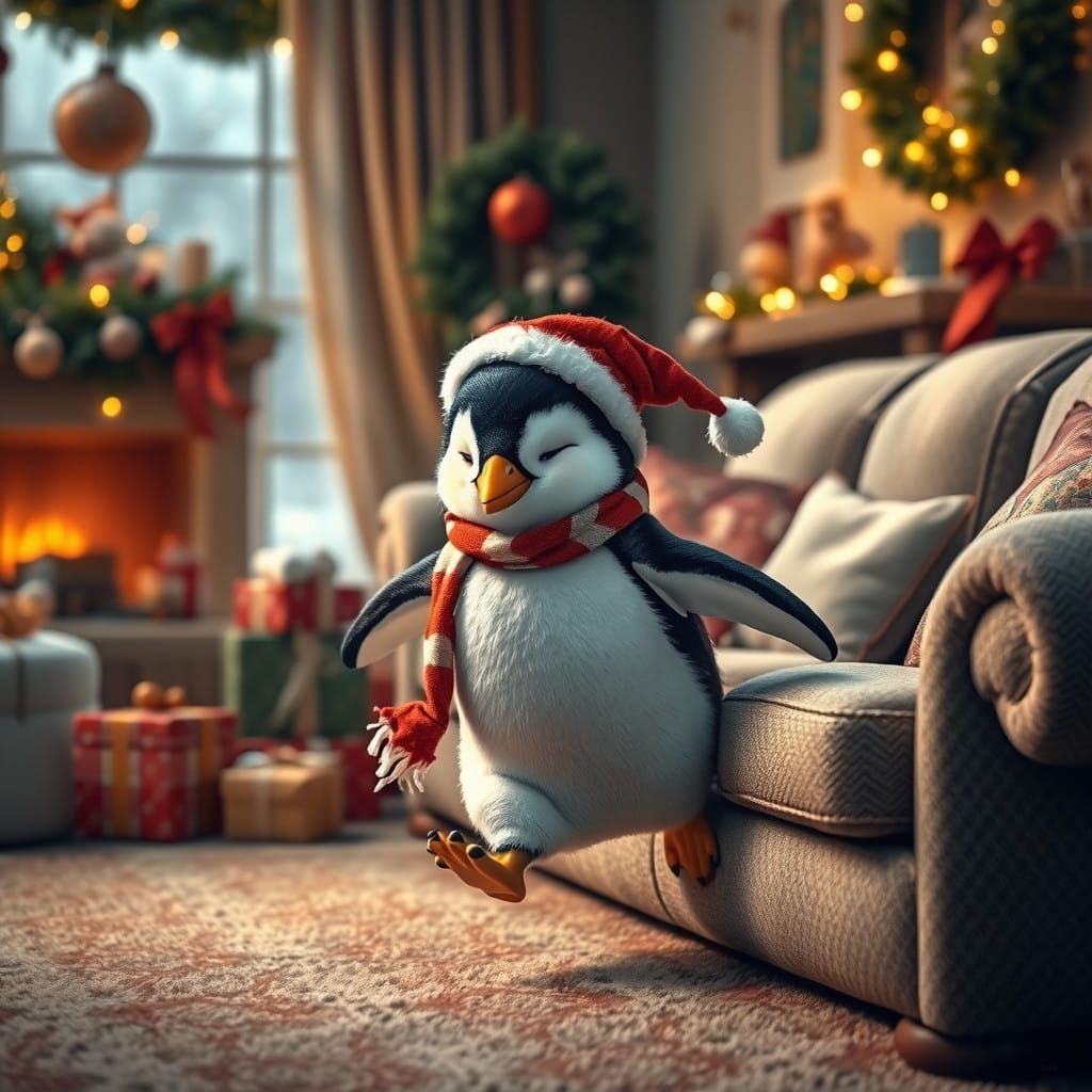 Whimsical Baby Penguin in Cozy Christmas Scene