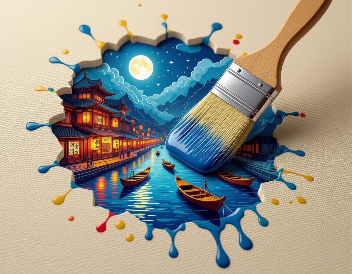 Miniature Japanese Market Built in Dripping Paintbrush