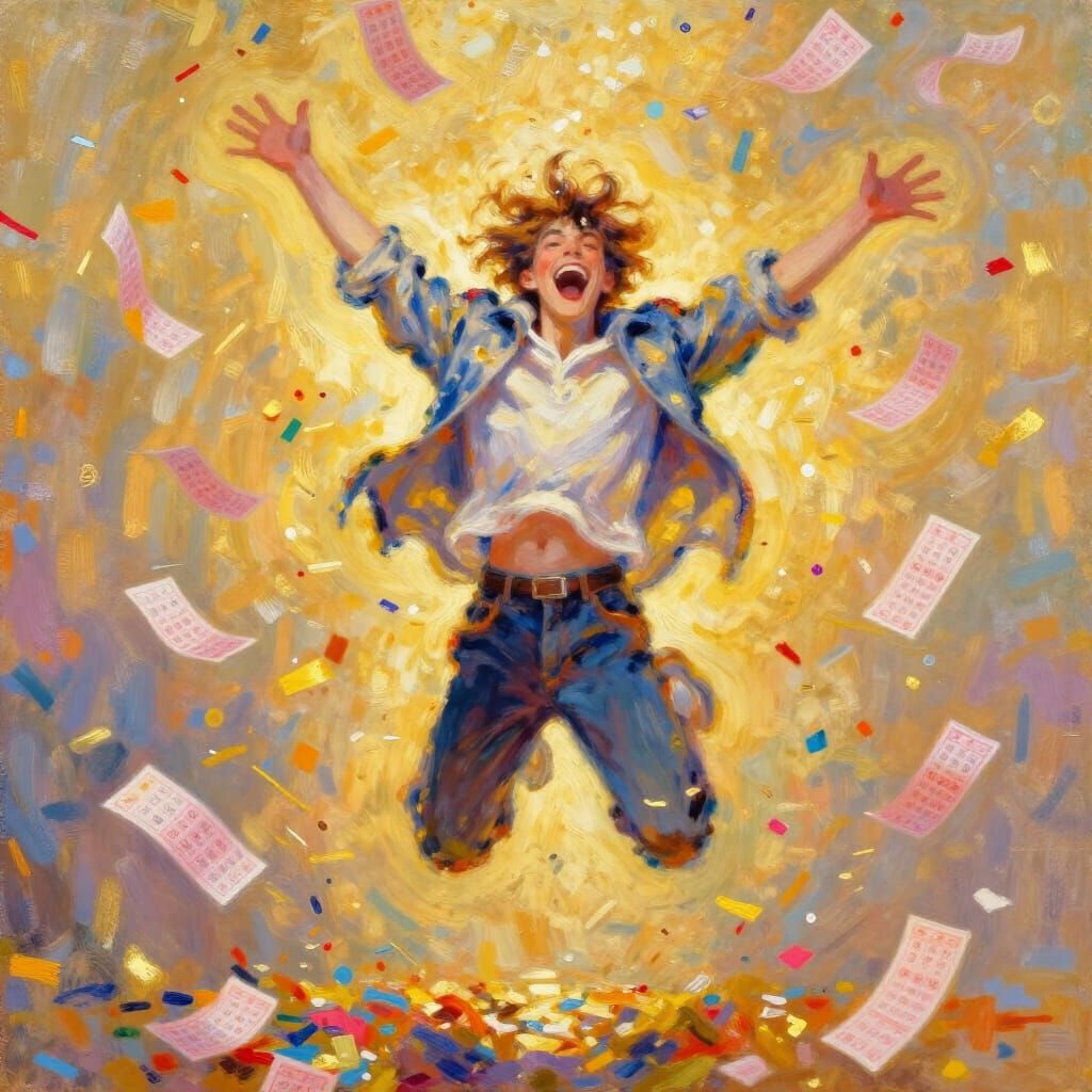 Joyful Lottery Winner Celebrates in Vibrant Oil Painting Sty...