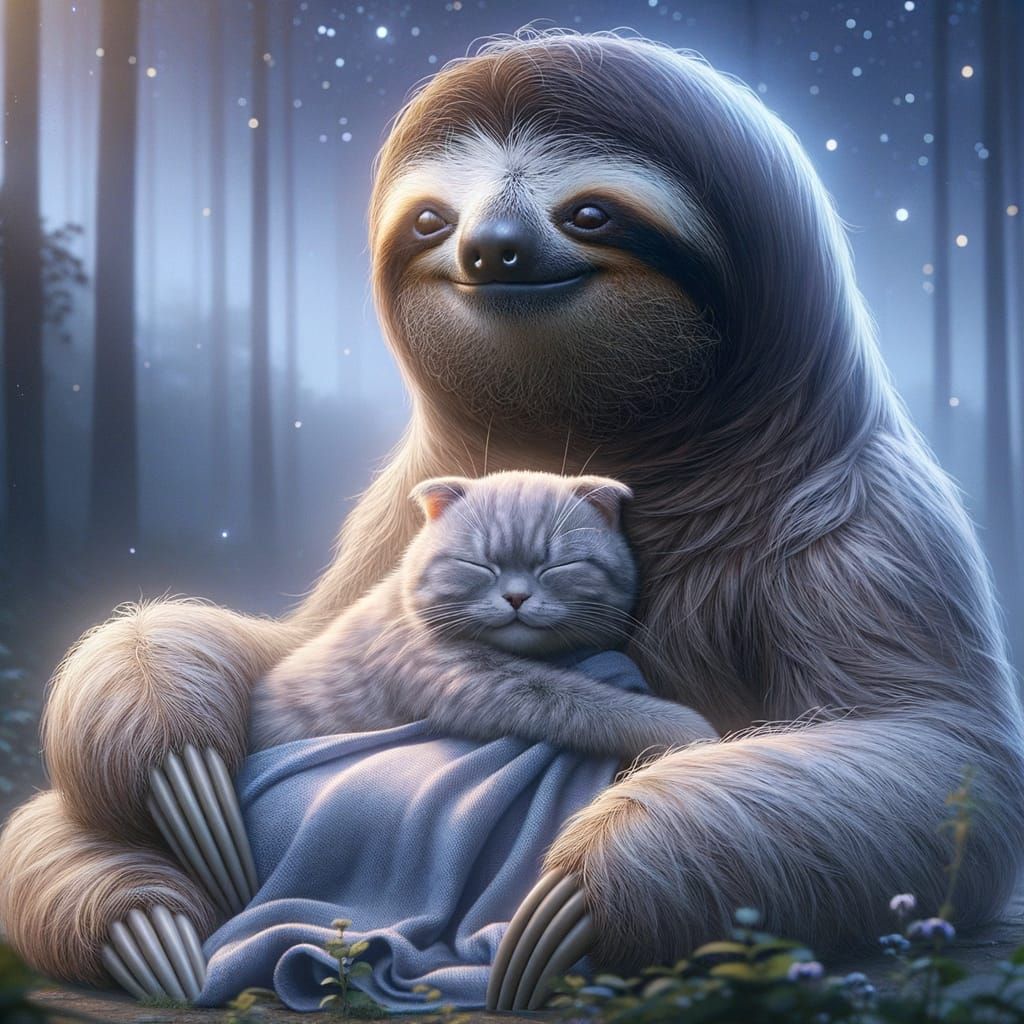 Dreamy Sloth and Cat Under Starlit Sky