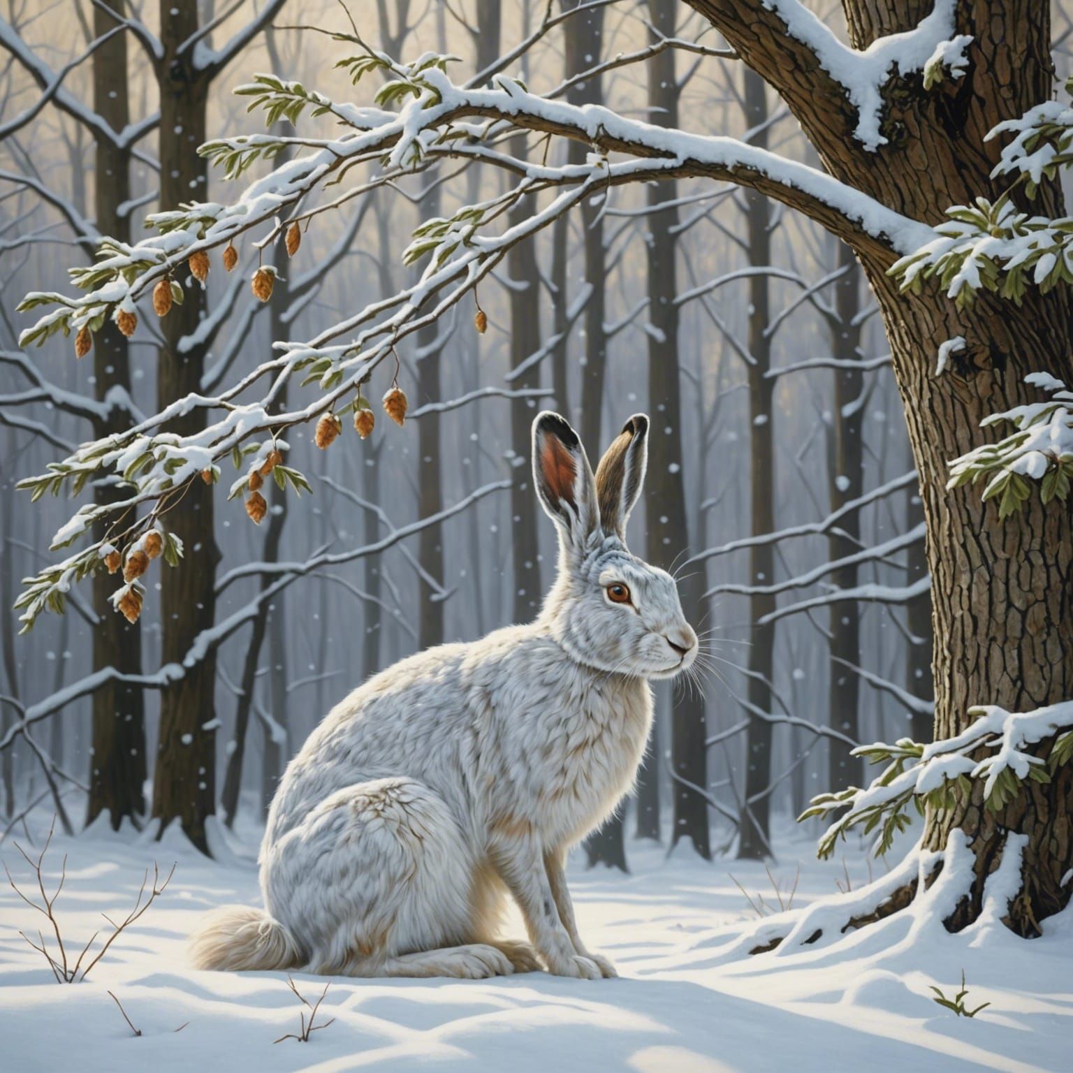 Hare in Snowy Forest: Hyperrealistic Oil Painting