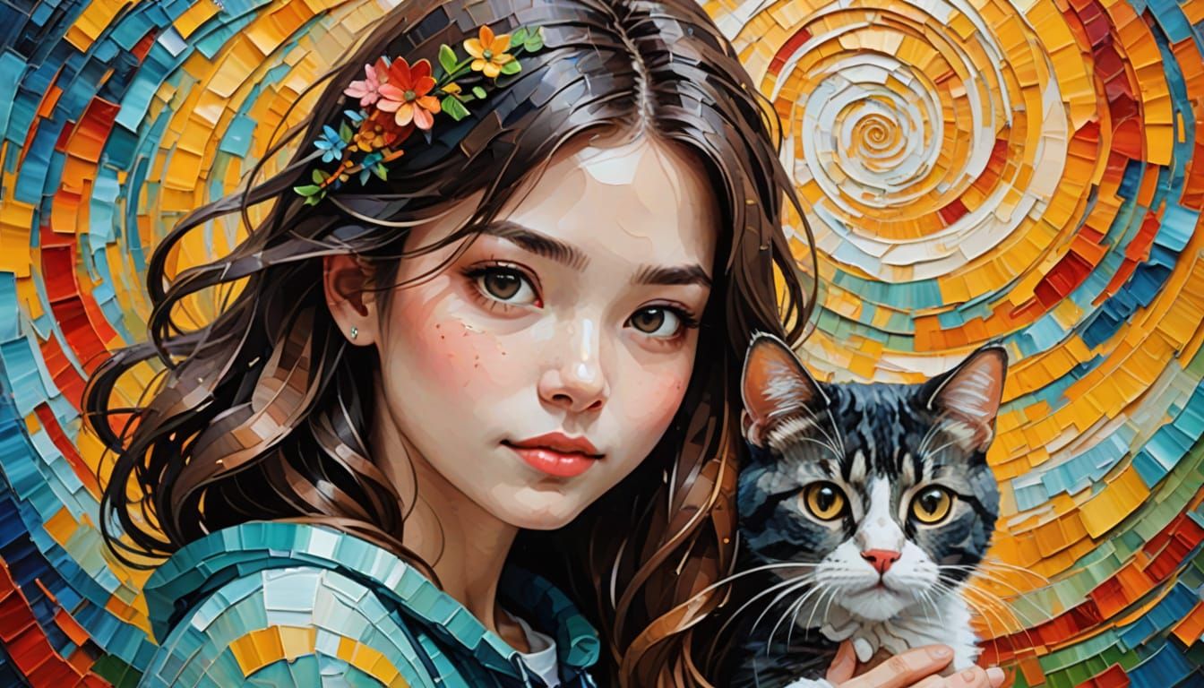 Cute Girl with Cat in Impasto Style