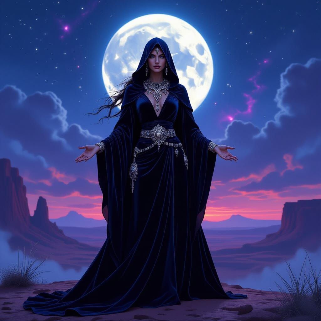 Sorceress on Alien Mesa with Glowing Markings