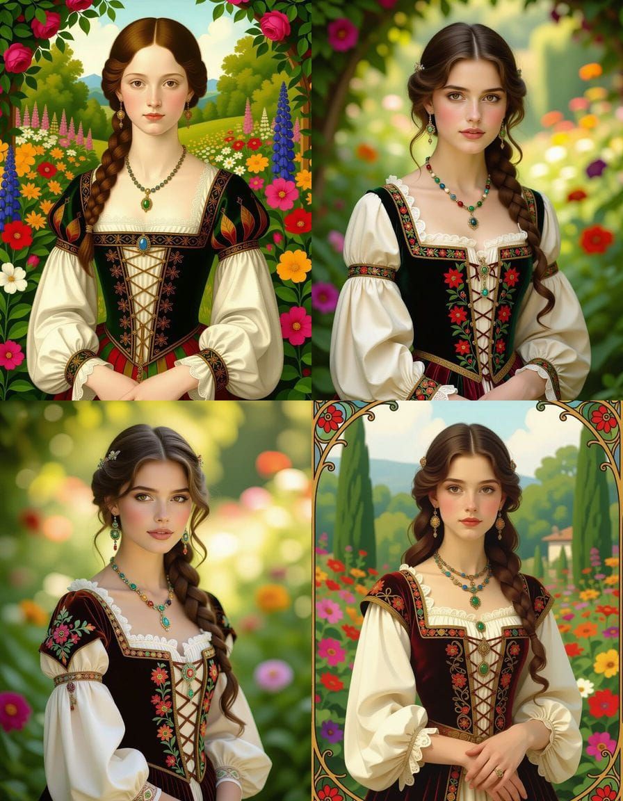 Young Woman in Medieval Dress in Garden